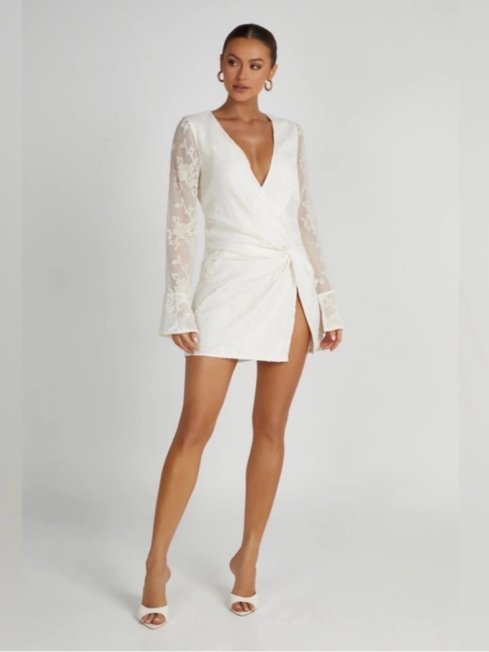 Meshki White Lace Long-Sleeve Mini Dress